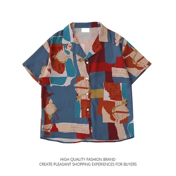 Летняя новая корейская антикварная блузка в гонконгском стиле, абстрактная рубашка с геометрическим принтом, Мужской Женский Свободный топ в стиле панк с коротким рукавом